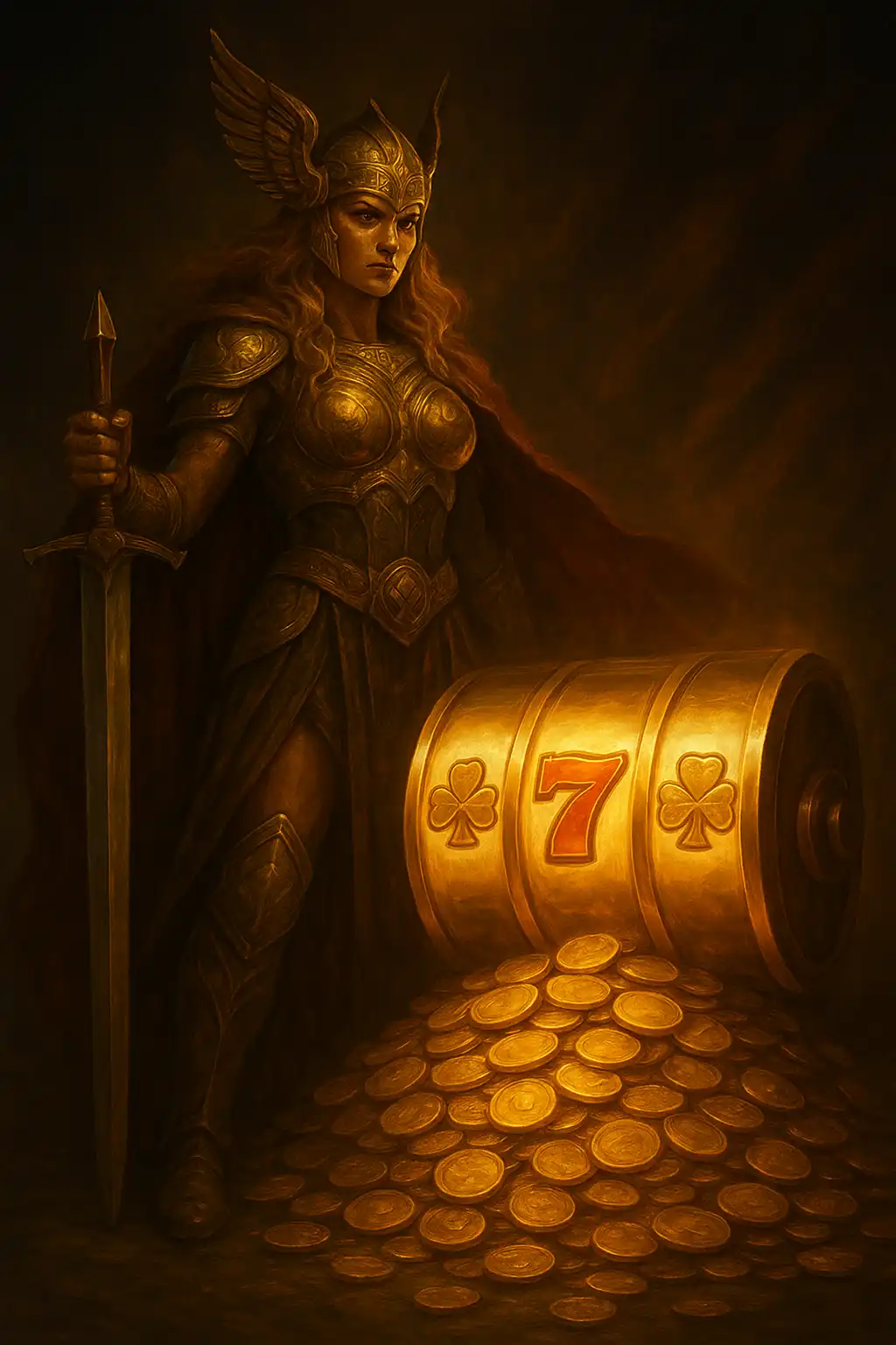 Norse warrior goddess standing beside glowing slot reels and gold coins